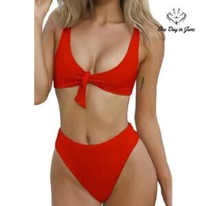 Qinsen Tie Knot Front High Waist Bikini Swimsuit Size M